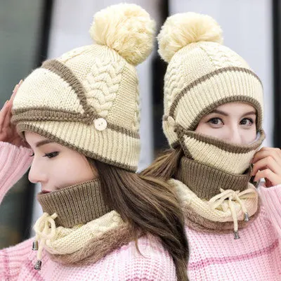 3-in-1 Beanie Cap for Girls (Beige and Beige)