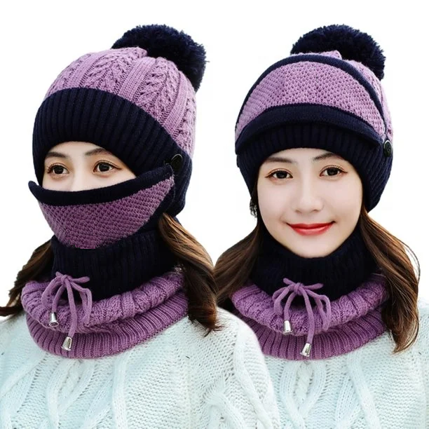 3-in-1 Beanie Cap for Girls (Purple)