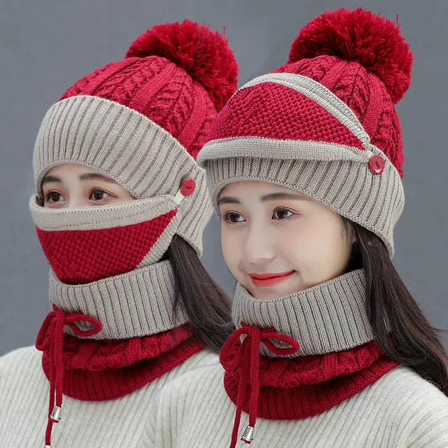 3-in-1 Beanie Cap for Girls (Maroon)