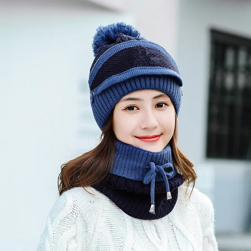 3-in-1 Beanie Cap for Girls (Blue)