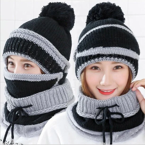 3-in-1 Beanie Cap for Girls (Black)