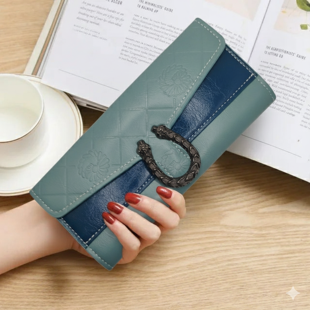 Retro Long Trifold Clutch Grey(Blue)