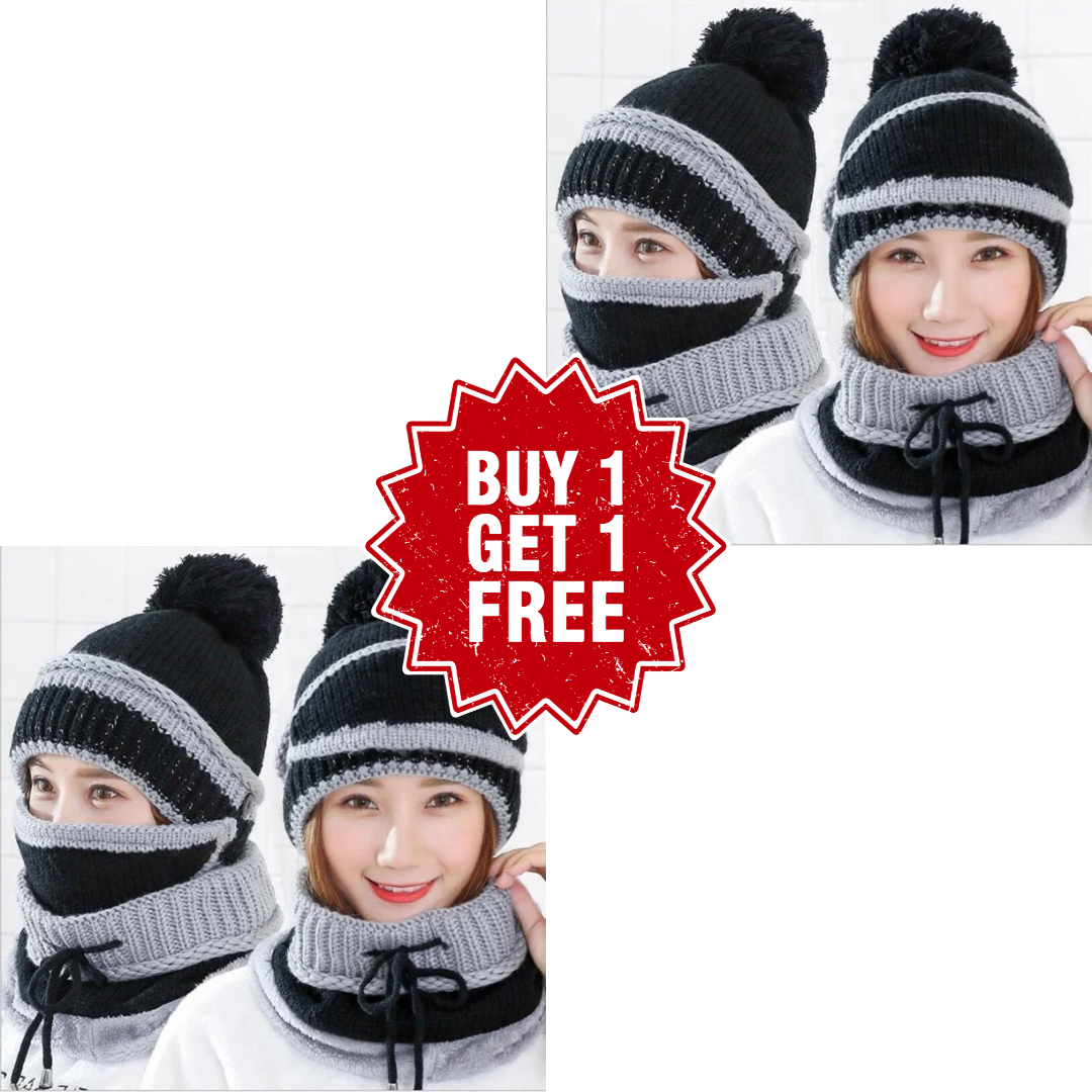 3-in-1 Beanie Cap for Girls (Black and Black)