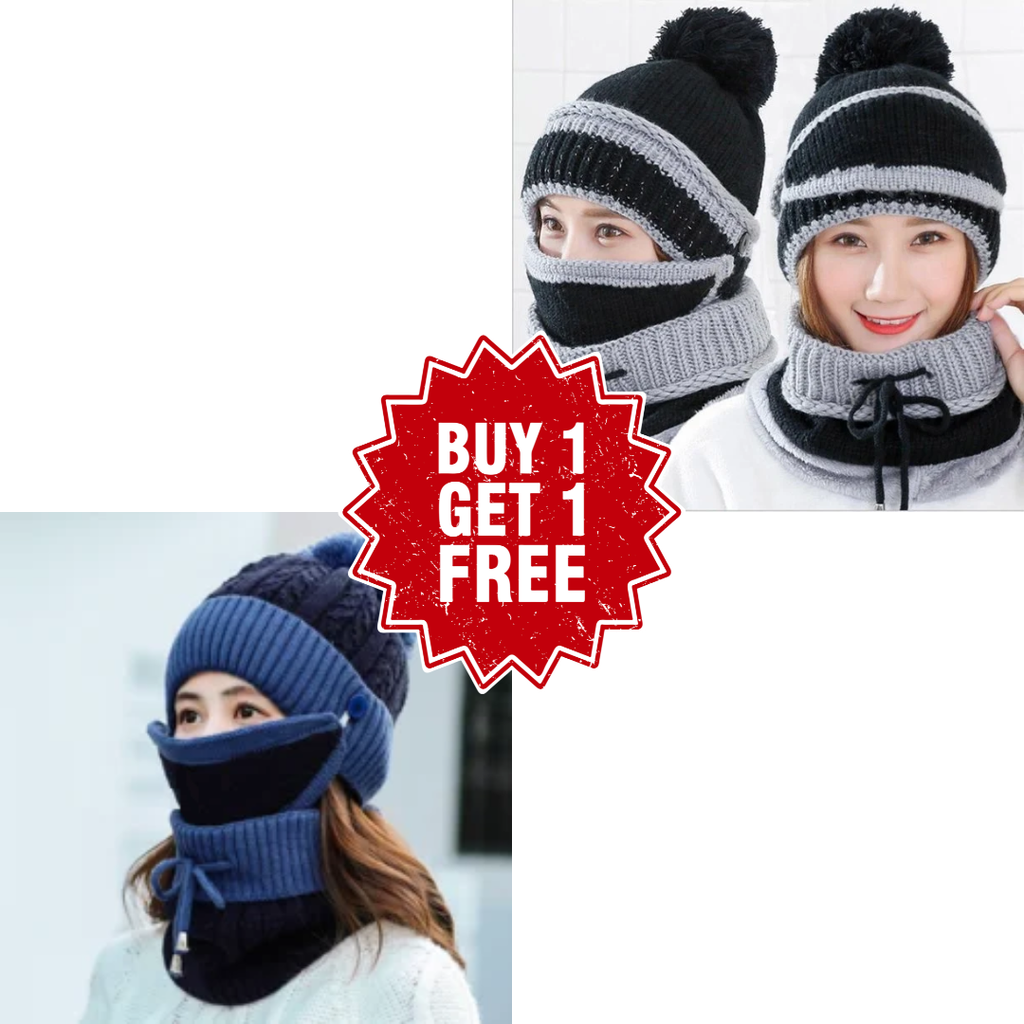 3-in-1 Beanie Cap for Girls (Black and Blue)