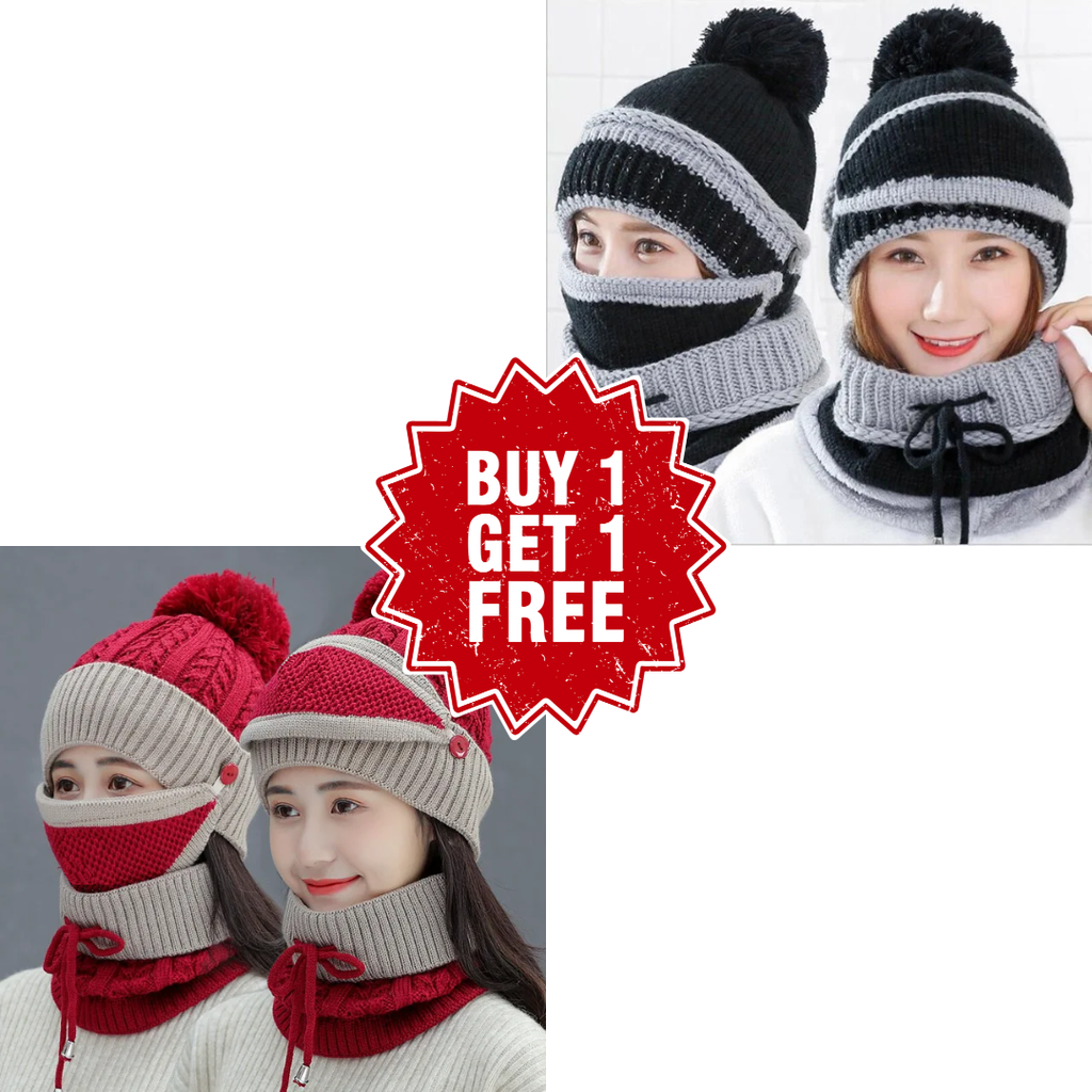 3-in-1 Beanie Cap for Girls (Black and Maroon)