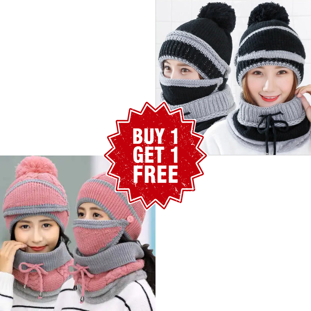 3-in-1 Beanie Cap for Girls (Black and Pink)