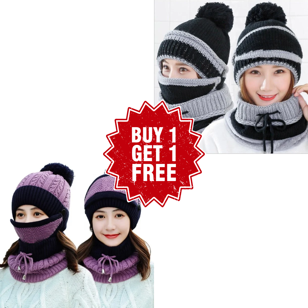 3-in-1 Beanie Cap for Girls (Black and Purple)